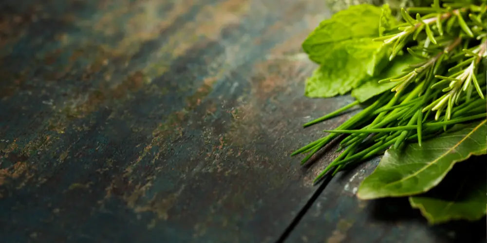Fresh green rosemary and mint herbs on a rustic wooden surface