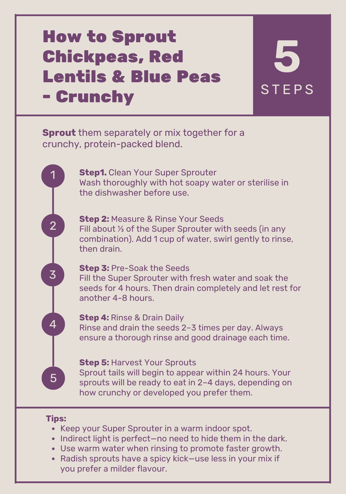 Instructions on how to sprout chickpeas, red lentils, and blue peas with a step-by-step guide and tips.